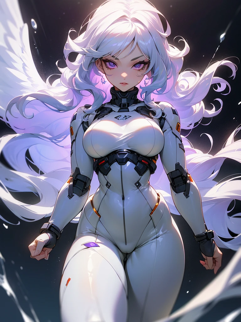 ((ultra quality)), ((masterpiece)), ((Water)), ((fire)), ((sexy)), ((Angelic beauty woman)), ((long white curly hair)), ((White hair)), ((White hair)), ((curly hair)), (beautiful face), (beautiful female lips), Enchanting ((Seductive facial expression)), looks at the camera with a slight smile, (White skin color), (White skin), glow on the body, ((detailed eyes)), ((violet eyes)), (juicy female lips), (dark eyeliner), (beautiful female hands), ((thick body)), ideal female body, ((combat suit)), beautiful waist, beautiful big hips, big breasts, thick thighs, ((threatening and beautiful)) (), ((depth of field)), ((high quality clear image)), (delete details), ((High detail)), ((clear focus))
