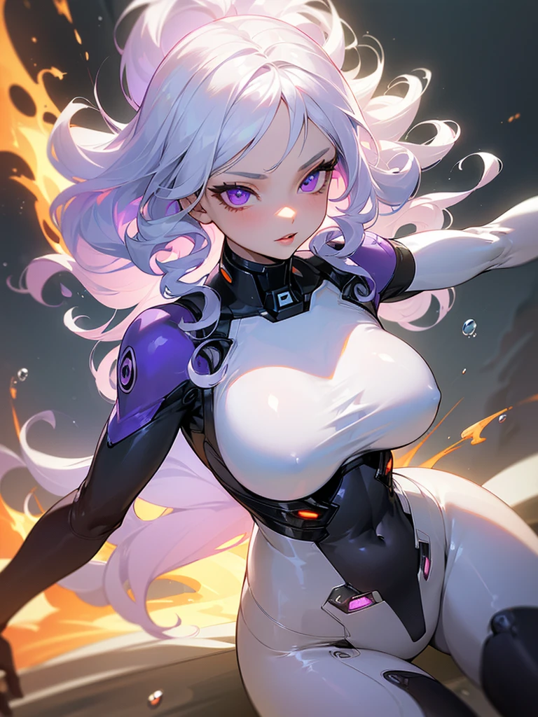 ((ultra quality)), ((masterpiece)), ((Water)), ((fire)), ((sexy)), ((Angelic beauty woman)), ((long white curly hair)), ((White hair)), ((White hair)), ((curly hair)), (beautiful face), (beautiful female lips), Enchanting ((Seductive facial expression)), looks at the camera with a slight smile, (White skin color), (White skin), glow on the body, ((detailed eyes)), ((violet eyes)), (juicy female lips), (dark eyeliner), (beautiful female hands), ((thick body)), ideal female body, ((combat suit)), beautiful waist, beautiful big hips, big breasts, thick thighs, ((threatening and beautiful)) (), ((depth of field)), ((high quality clear image)), (delete details), ((High detail)), ((clear focus))