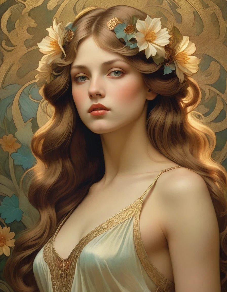 old (Masterpiece, Best Quality, Highres:1.2) Art Nouveau Style Beautiful Woman with Long Hair Shaped as Flowers in the Style of Alphonse Mucha, portrait of a beautiful cute, very beautiful, standing artistically, realistic natural, professional light distribution, very artistic lighting gradation, artistic detail, highly detailed, centered, Nymph-pattern vintage wallpaper with dramatic backlighting casting deep shadows, featuring a meticulously crafted illustration inspired by Dan Mumford and Alphonse Mucha, hyper-realistic and photorealistic textures, extremely detailed with intricate floral and foliage elements, octane rendered in 8K (extremely detailed 8k wallpaper), Golden ratio, hidden ancient Greek symbols (, Spiral), balanced design, color harmony, Vernis Martin, golden, ancient mythology, artistically twisted edges, reminiscent of old-world craftsmanship with a contemporary edge, volumetric lighting, ultra fine details
