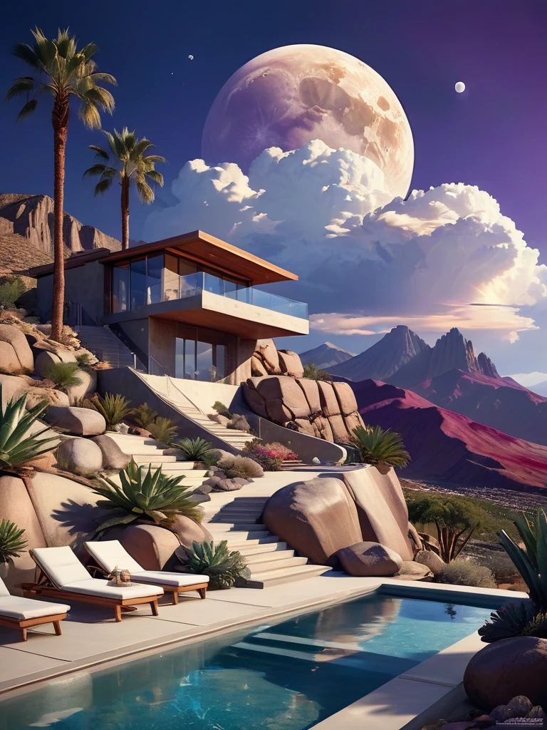 Photorealism, small and beautiful modern house in top of big boulders, terraces, pool, stairs, multiple cacti gardens, palms, trees, rocks, beautiful landscape design, mountains and volcano y background, amazing clouds, sun, moon, planets, milky way galaxy, concrete, wood, glass and steel materials, olive green, violet, orange and withe colors in facade