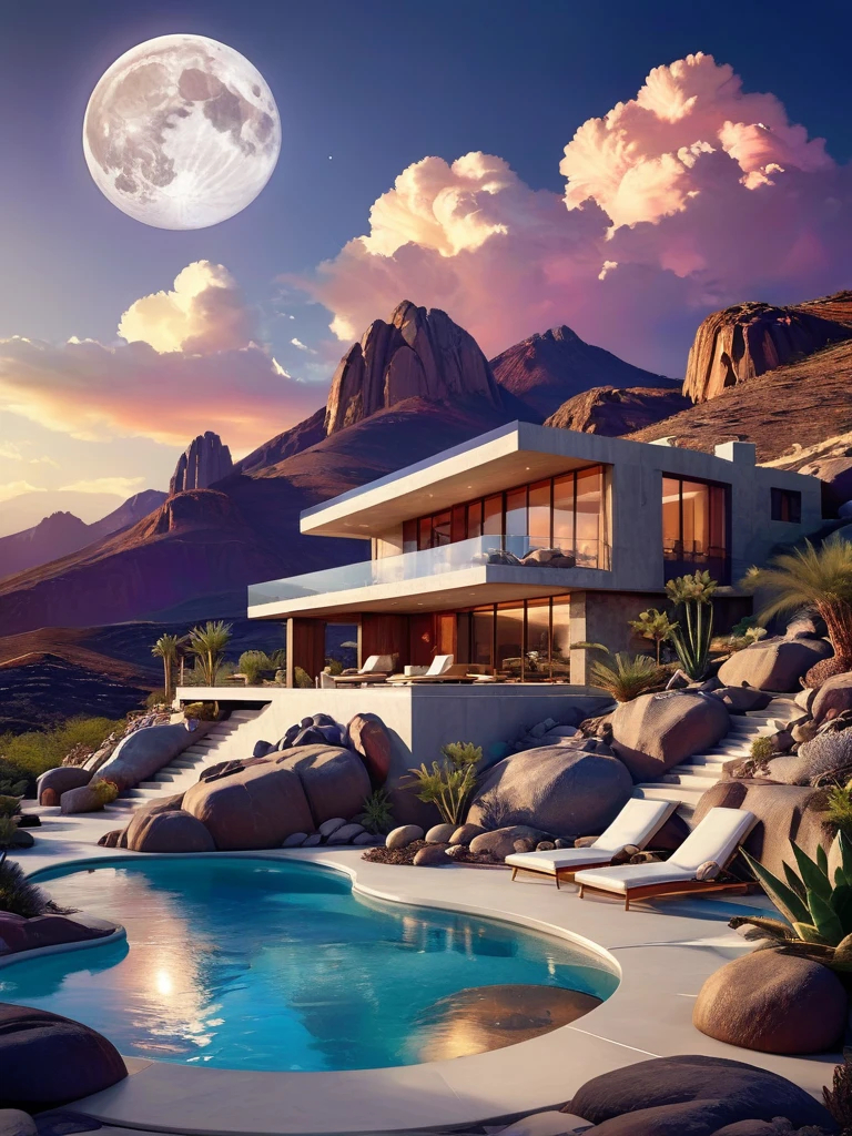 Photorealism, small and beautiful modern house in top of big boulders, terraces, pool, stairs, multiple cacti gardens, palms, trees, rocks, beautiful landscape design, mountains and volcano y background, amazing clouds, sun, moon, planets, milky way galaxy, concrete, wood, glass and steel materials, olive green, violet, orange and withe colors in facade