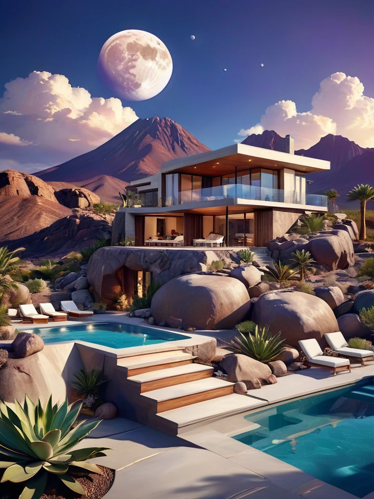 Photorealism, small and beautiful modern house in top of big boulders, terraces, pool, stairs, multiple cacti gardens, palms, trees, rocks, beautiful landscape design, mountains and volcano y background, amazing clouds, sun, moon, planets, milky way galaxy, concrete, wood, glass and steel materials, olive green, violet, orange and withe colors in facade