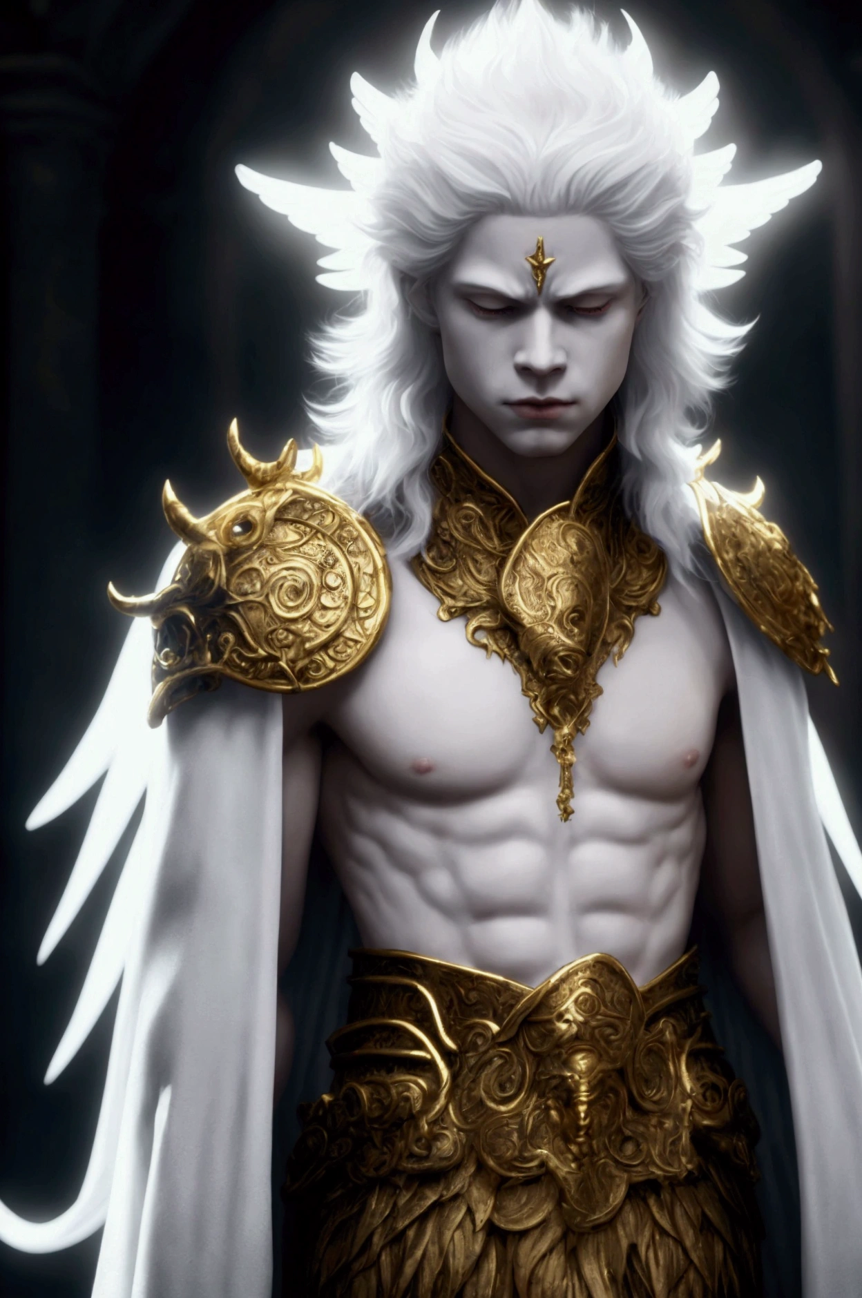 A divine being (a god) who is an abrogenero with a very handsome angelic appearance who has albinism, count several gold plated accessories and has a white band covering his eyes, is a mythological being that has a white aura, his learning exudes peace