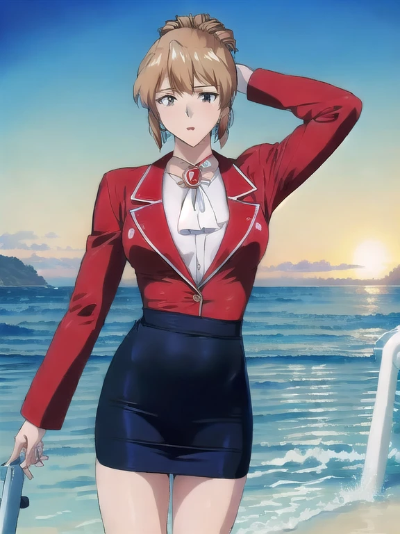 nsfw, masterpiece, best quality, 1girl, looking at viewer, ultra detailed, cowboy shot, folded ponytail, long sleeves,  red jacket, white shirt, earrings,  ascot, brooch, red jacket, red pencil skirt, red lips, , (pantylines:1.1),  (beach, sandy shore, crashing waves, sunny:1.3), up-skirt, white underwear