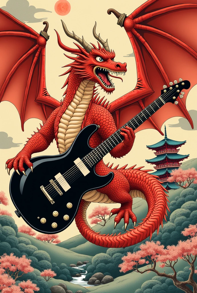 Traditional Japanese illustration of an ancient red dragon with a black Fender jazzmaster electric guitar 