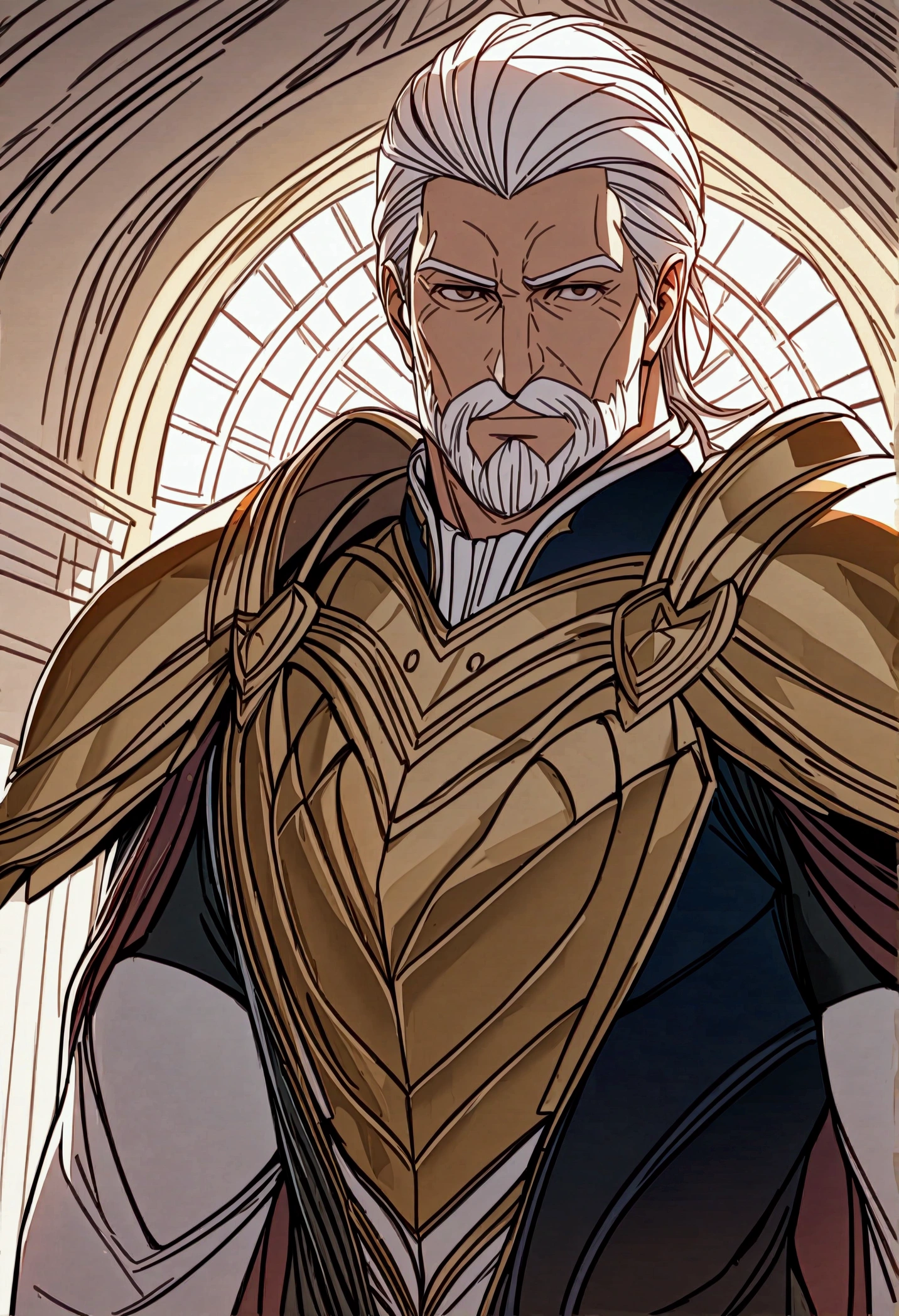 A knight in shining armor, a wise and caring paladin, with a white beard and mustache, a smirking yet humble expression, eyes gazing directly at the camera, a portrait of a loyal and dutiful father. Dilf. Hairy. 30s. Cocky. Dominant. Gold Heavy Armor. Background Sky.