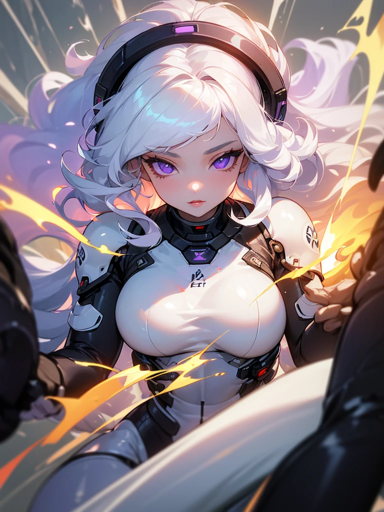 ((ultra quality)), ((masterpiece)), ((Water)), ((fire)), ((sensual)), ((Angelic beauty woman)), ((long white curly hair)), ((White hair)), ((White hair)), ((curly hair)),  (beautiful face), (beautiful female lips), Enchanting ((Seductive facial expression)), looks at the camera with a slight smile, (White skin color), (White skin), glow on the body, ((detailed eyes)), ((violet eyes)), (juicy female lips), (dark eyeliner), (beautiful female hands), ((thick body)), ideal female body, ((combat suit)), beautiful waist, beautiful big hips, , thick thighs, ((threatening and beautiful)) (), ((depth of field)), ((high quality clear image)), (delete details), ((High detail)), ((clear focus))