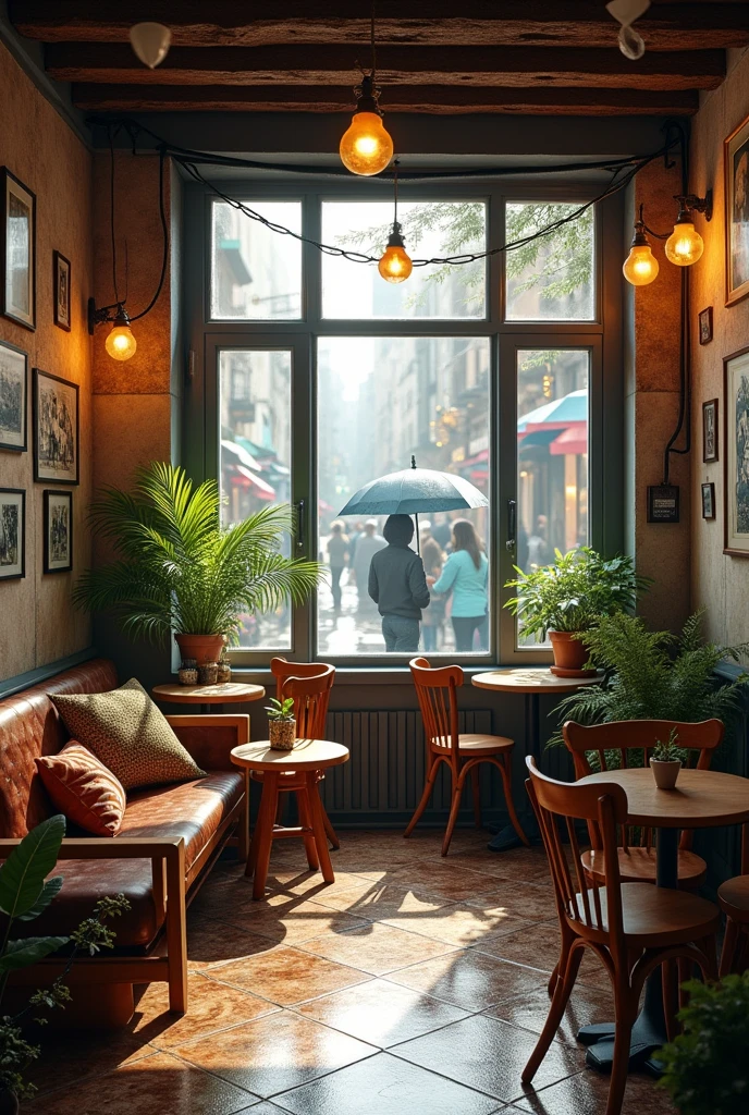 "A warm, inviting coffee shop nestled in a quiet corner of the city. The space is filled with rustic wooden furniture, including small round tables paired with mismatched chairs, each with its own unique character. The walls are adorned with vintage posters and black-and-white photographs, creating a nostalgic atmosphere. Soft, amber lighting casts a comforting glow, while the scent of freshly brewed coffee fills the air. Large windows let in just enough natural light, showing a view of the rainy street outside, where people with umbrellas stroll by. Potted plants are scattered around, adding a touch of greenery to the earthy tones of the room."