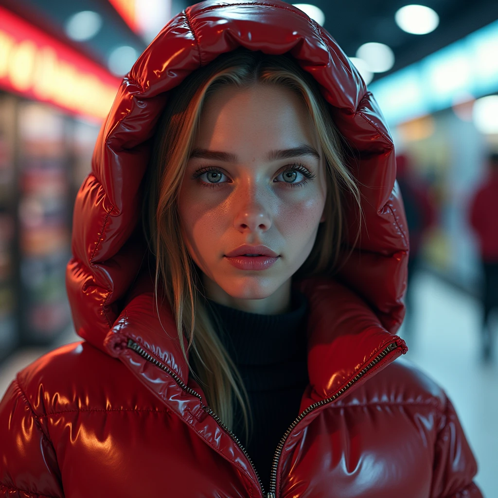 complete portrait of a slim ponytail 16 year old girl,beautiful detailed eyes,beautiful freckles,beautiful detailed lips,extremely detailed eyes and face,longeyelashes,in beautiful detailed hooded  formfitting duvetica overfilled shiny super gleamy super thick glossy fully-unzipped puffer jacket covering her zipped super padded skisuit,latex  stirrup legging,symmetrical,standing in a pufferstore,masterpiece,cinematic,lifelike,hyperrealistic,8k,photorealistic,highly detailed,intricate,exquisite,elegant,beautiful,stunning, full size photo