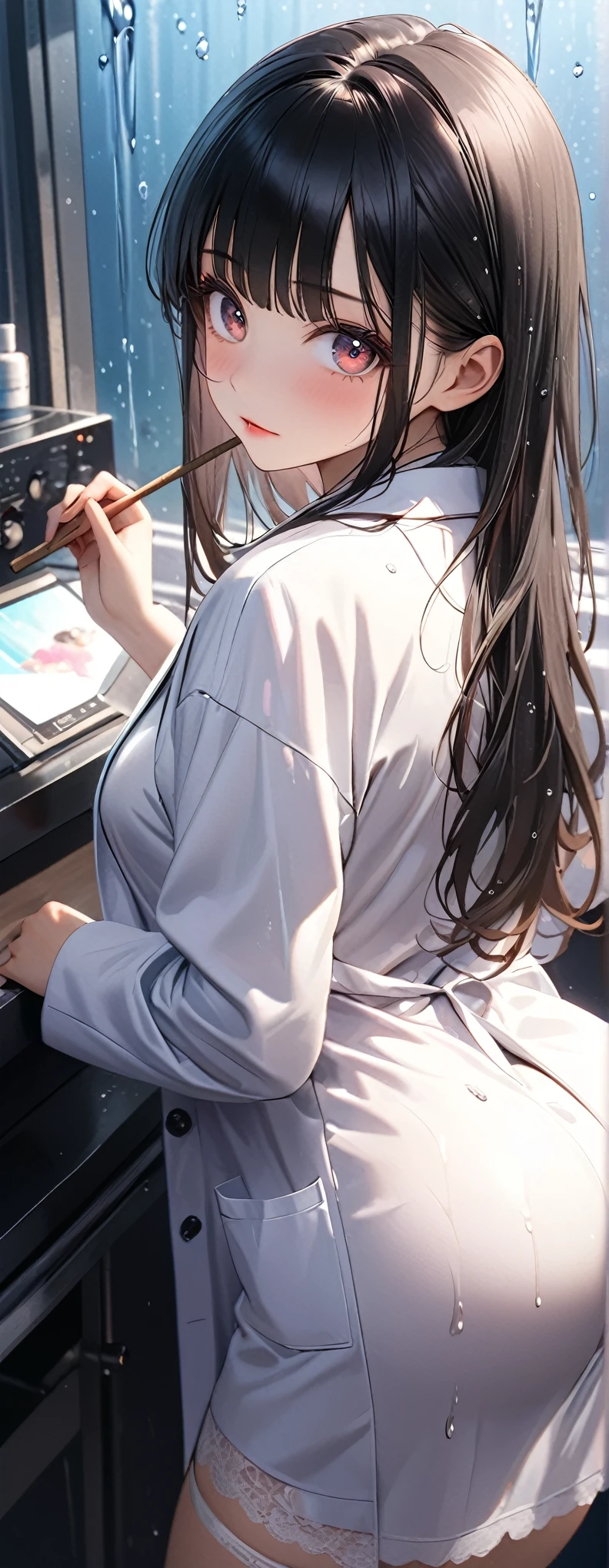blunt bangs,Black Hair,(Light pink lab coat),Looks about , (beautiful girl: 1.3),One girl,Highest quality,8k,Highly detailed CG unit wallpaper,masterpiece:1.2,Highest quality,Ultra-high resolution,RAW Photos,Realistic textured skin,Cinema Lighting,Gleaming eyes,Big eyes,Detailed eyes,Wet,Watery eye,weak,(Beautiful glossy lipstick,Perfect Makeup,Ultra-high definition beauty face,(Look at the beautiful shape of her butt, Very big and round),voluptuous,stick out butt,blush,(White garter belt:1.2),Hospital bed,(((Rear View))),all fours