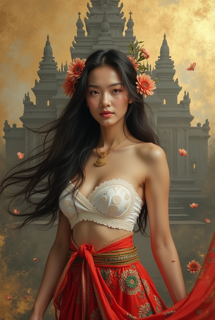 (photoréaliste:1.2), Epic, intricate fine details, unreal, abstract light and shiny, gold and ink painting, full body view, long flowering hair adorned with flowers, Cambodian beauty, white tube top embroidered with gold filament, red sarong with Khmer patterns red and green , mid-turn, smiling, looking at viewer, abstract old Khmer temple in gold-gray painting background, gold kintsugi and splash effects, realistic textures.