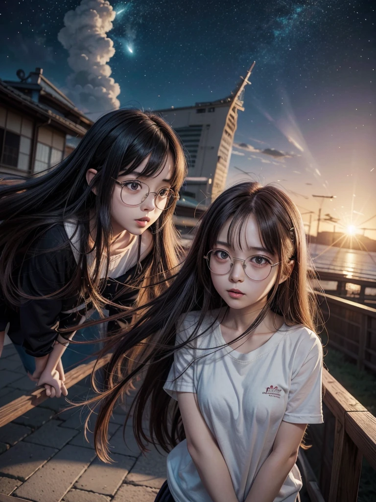 Two anime girls with long hair and glasses are flying through the air., an anime drawing inspired by Matsumura Goshun, trend on pixiv, self destructive art, Higurashi, Yuyushiki, ufotable artistic style, anime style like destiny/Overnight stay, Hiroe Rei, in the ryuuou no oshigoto art style