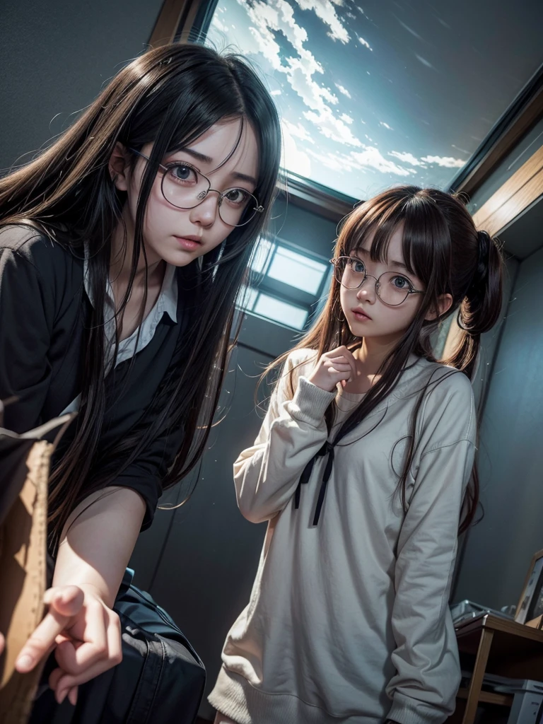 Two anime girls with long hair and glasses are flying through the air., an anime drawing inspired by Matsumura Goshun, trend on pixiv, self destructive art, Higurashi, Yuyushiki, ufotable artistic style, anime style like destiny/Overnight stay, Hiroe Rei, in the ryuuou no oshigoto art style