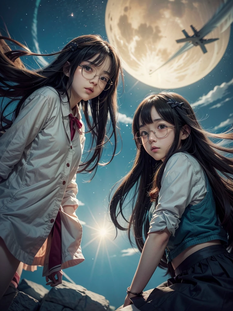 Two anime girls with long hair and glasses are flying through the air., an anime drawing inspired by Matsumura Goshun, trend on pixiv, self destructive art, Higurashi, Yuyushiki, ufotable artistic style, anime style like destiny/Overnight stay, Hiroe Rei, in the ryuuou no oshigoto art style