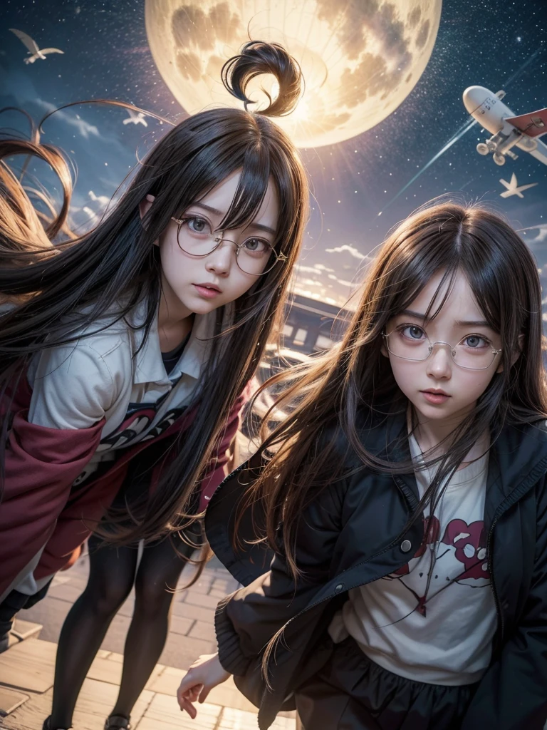 Two anime girls with long hair and glasses are flying through the air., an anime drawing inspired by Matsumura Goshun, trend on pixiv, self destructive art, Higurashi, Yuyushiki, ufotable artistic style, anime style like destiny/Overnight stay, Hiroe Rei, in the ryuuou no oshigoto art style