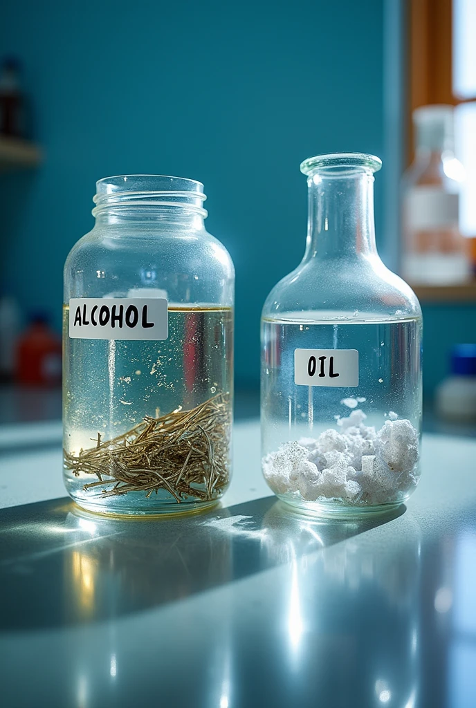 Create an image in a laboratory setting using a jar of alcohol. another image with steel shavings, another with water and oil and another with water and pieces of styrofoam, which have the name labels changed