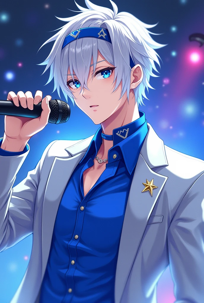 Anime idol boy with messy silver hair falling over one eye.
skin fair.
royal blue eyes.
silver metallic jacket.
royal blue shirt with silver stars.
professional headband microphone.
vocaloid sekai cool stylish