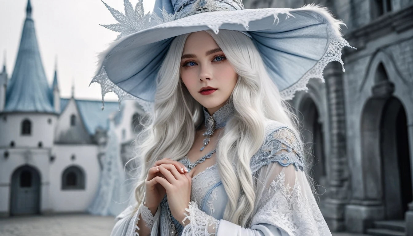 Blue Skin, Beautiful wizard girl, Long white hair with waves, A very large pointed hat made of white lace, White clothes, Wearing light grey fur, Four hands