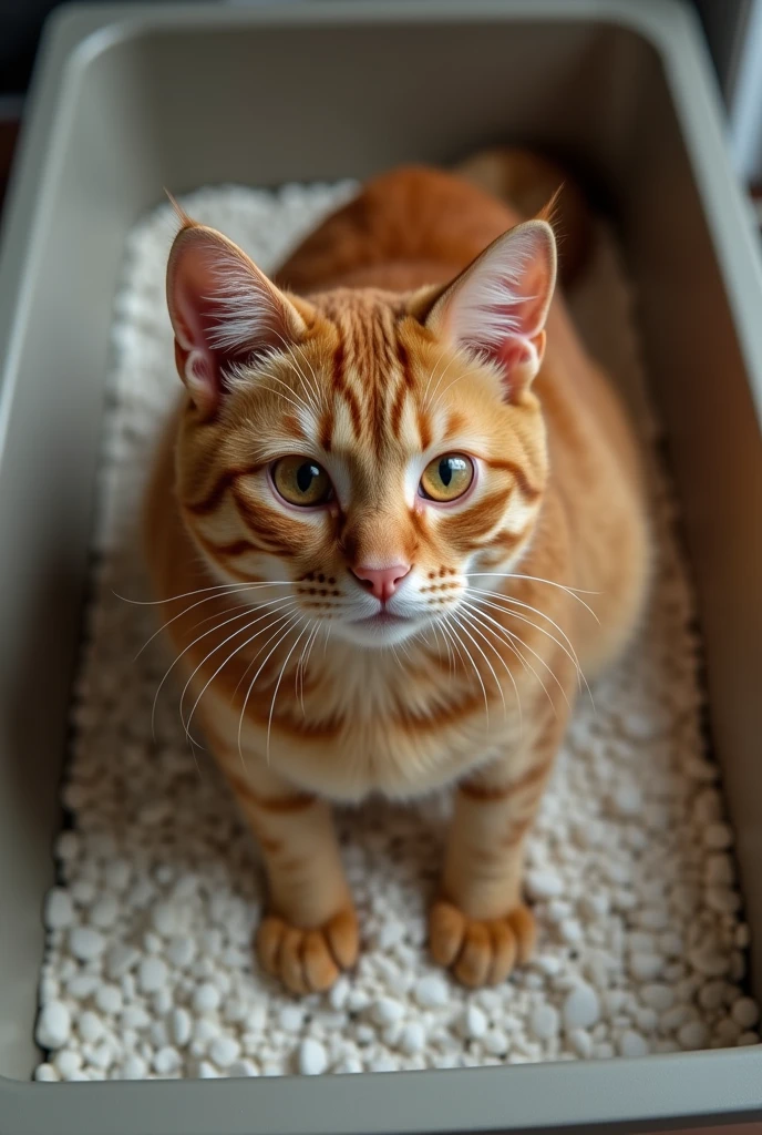A worried looking ginger 18 year old girl kneeling on a large litter box fillwd with white gravel dressed as a cat looking up at the viewer.  Shot from above.  Cleavage 