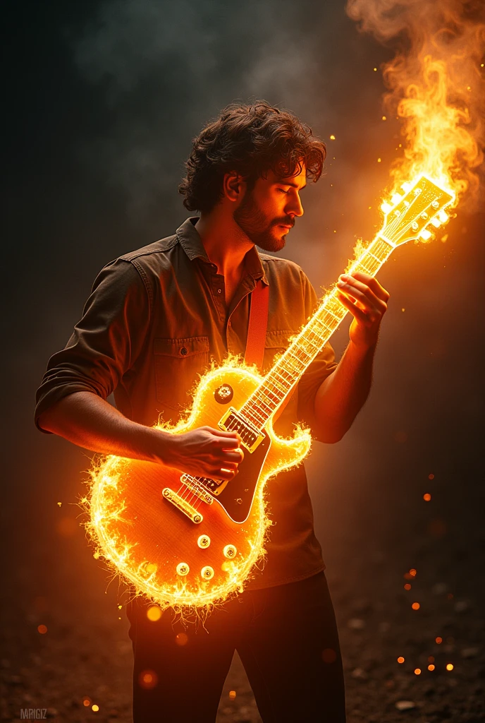 Man playing guitar on fire