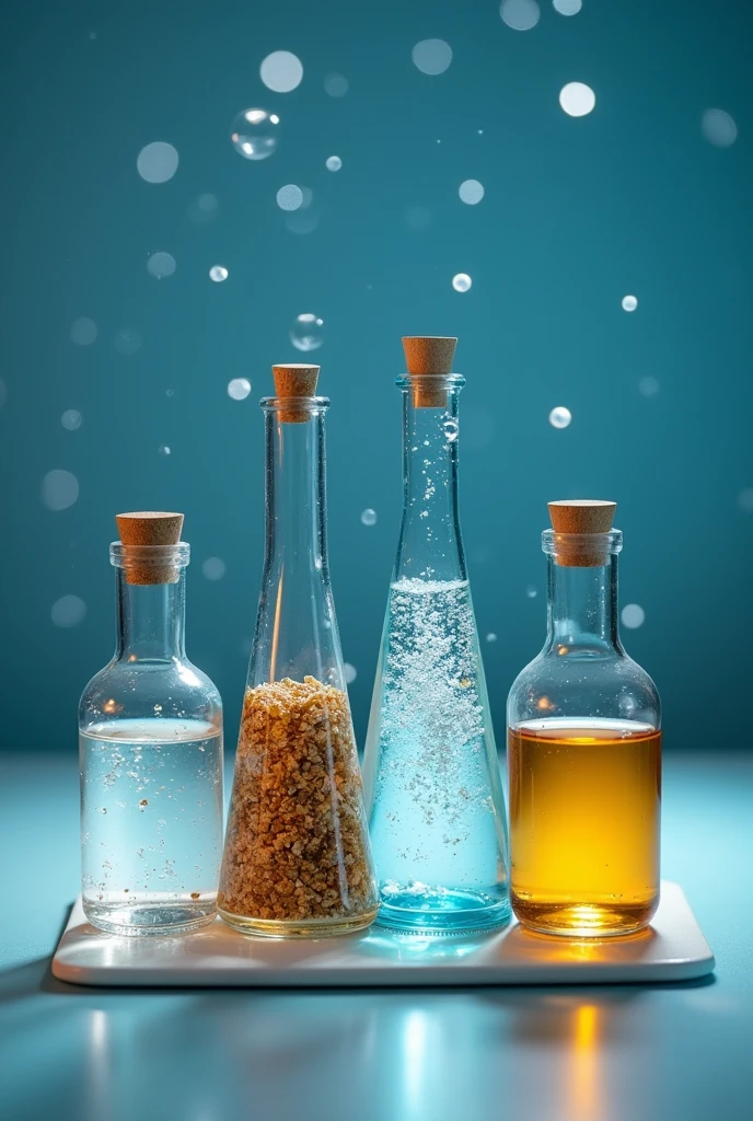 Create an image in a laboratory setting using a jar of alcohol. another image with steel shavings, another with water and oil and another with water and pieces of styrofoam, which have the name labels changed. in Spanish. THERE ARE FOUR JARS