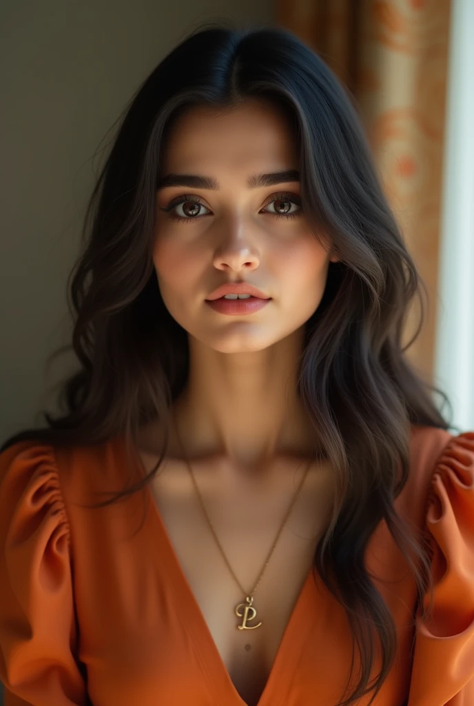 A pakistani girl pic without dobta she wear a neckles of A word her dress colour is carrot