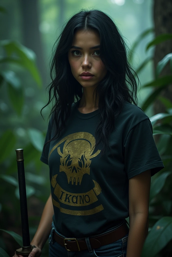 An American woman in a dark rainforest, wearing Percy Jackson's shirt, with a close-up capturing the harmonious beauty between her breasts and the air of mystery, showing off her natural charm and introverted personality, her hair is black and her eyes are blue like the sea, a sword in her hand she carries
