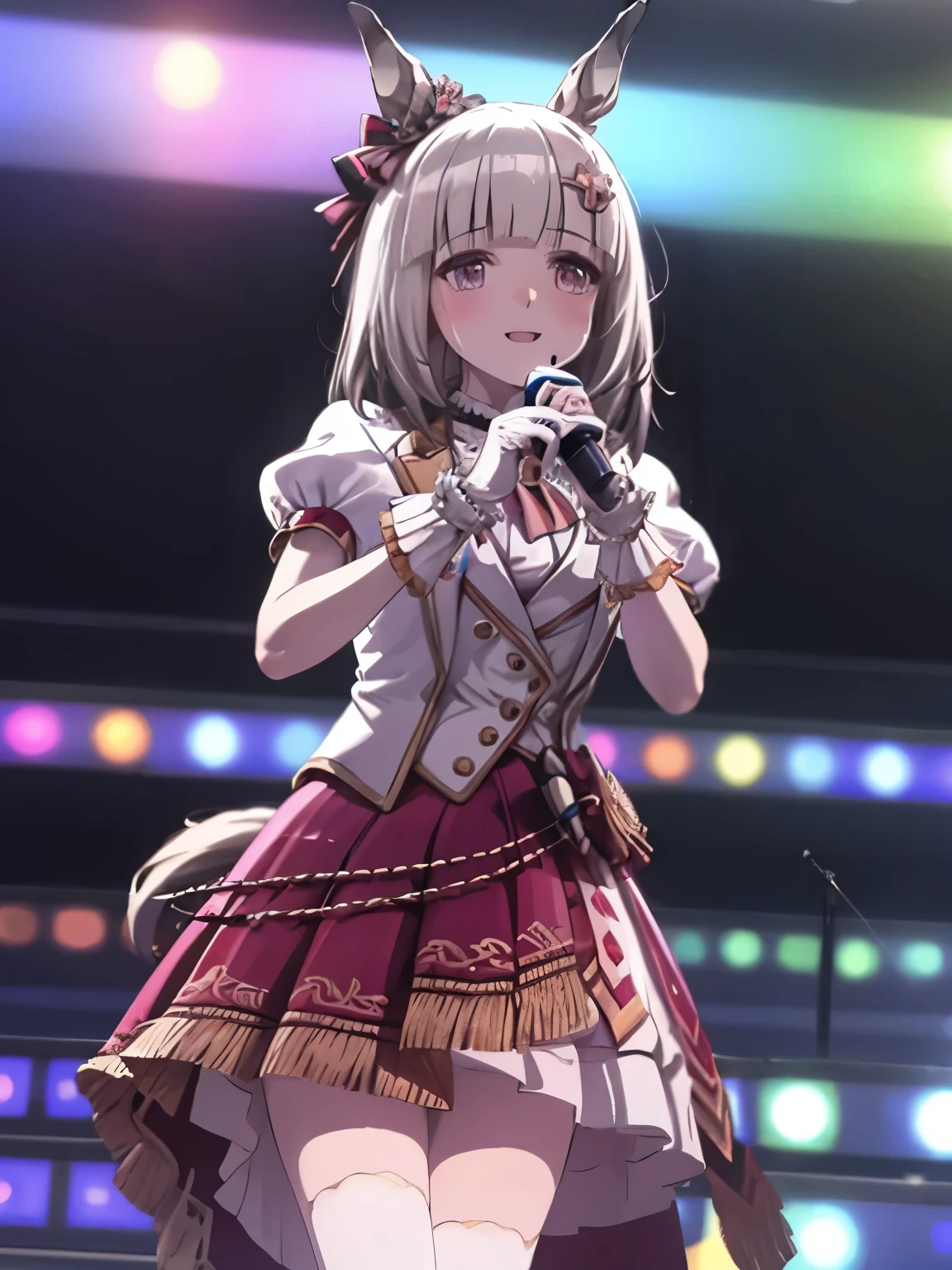 Mik, 1 girl, Solo, Best Quality, masterpiece, 8K, High resolution, Ultra-detailed, bob hair, singing on the stage, smile, horse ears, horse tail, New Stars Rose, sweat,