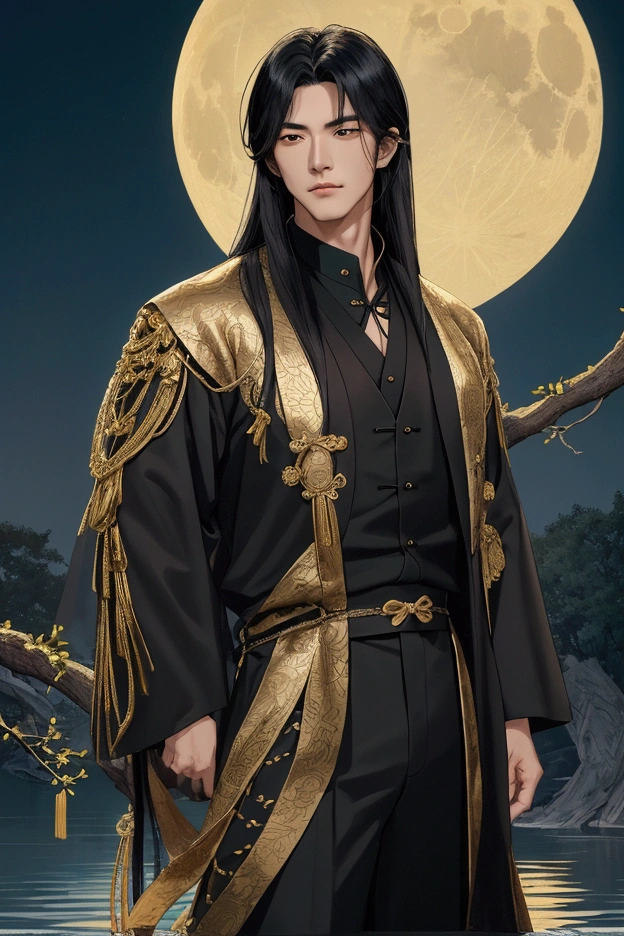 Masterpiece, best quality, outdoor, night, full moon, lakeside, branches, 1 man, mature man, Chinese style, ancient China, black hair, black eyes, forked hair, long hair, long bangs, handsome, handsome, masculine, gentle, tall, calm, black and gold mixed clothing, gold pattern, dragon pattern, prince,