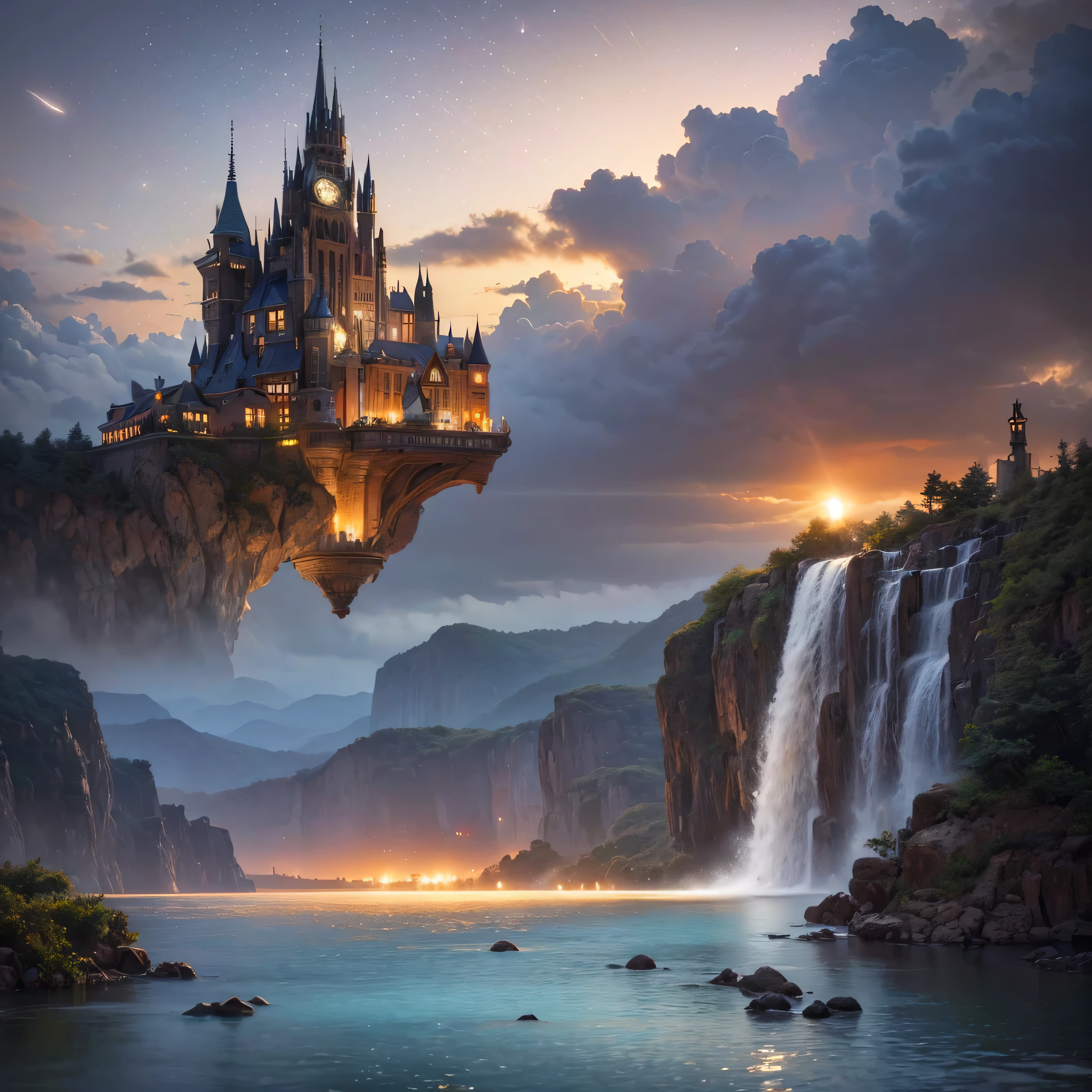 (8k, highest quality, masterpiece, final fantasy style: 1.2), (unRealistic, photoRealistic: 1.37), Dreamy landscape, Fantasy, Unsurreal landscapes, Super detailed, Flying Castle, Floating Island in the Sky, Seven-colored swirl of light, Intense lightning, milky way, Complex Light, Colored light, Large Lake, Starry sky reflected on the lake surface, Countless shining stars, Meteors, Reflections , (A pillar of light emanated from the ground:1,2), roses and orchids gardens , sunset, pink clouds, waterfalls in the sky, realistic style, Hyperrealism drawing, a flying pirate spaceship floating at the clouds level, burning skyscrapers, cyborgs, timeless realms, stunning princess , casting spell, healing light magic effect, in a magical lagoon of the fairyland, crystal clear water surface reflections, sharp focus, looking at viewer, (close-up:0.9), (bright white theme:1.2), (bright white tone:1.2), (deep blue tone:1.3),((( realistic, Hyperrealism, vivid colours , landscapes , alien cyborgs , science fiction themes)))