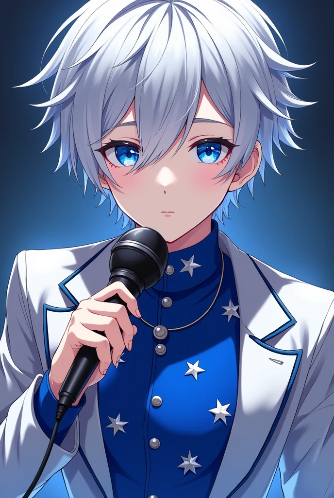 Anime idol boy with messy silver hair falling over one eye.
skin fair.
royal blue eyes.
silver metallic jacket.
royal blue shirt with silver stars.
white idol microphone.
vocaloid sekai cool stylish