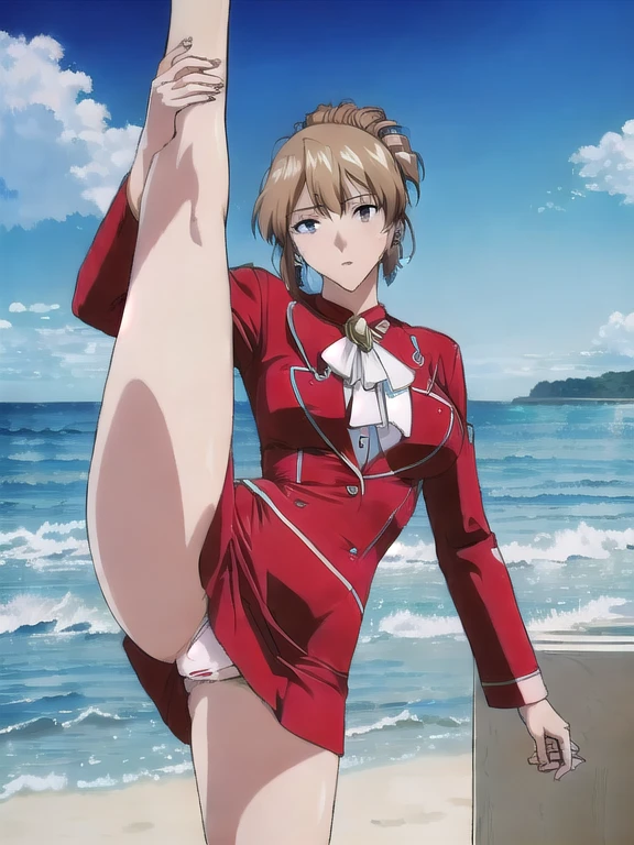 nsfw, masterpiece, best quality, 1girl, looking at viewer, ultra detailed, cowboy shot, folded ponytail, long sleeves, red jacket, white shirt, earrings, ascot, brooch, red jacket, red pencil skirt, red lips, , (beach, sandy shore, crashing waves, sunny:1.3), white underwear, standing split pose,