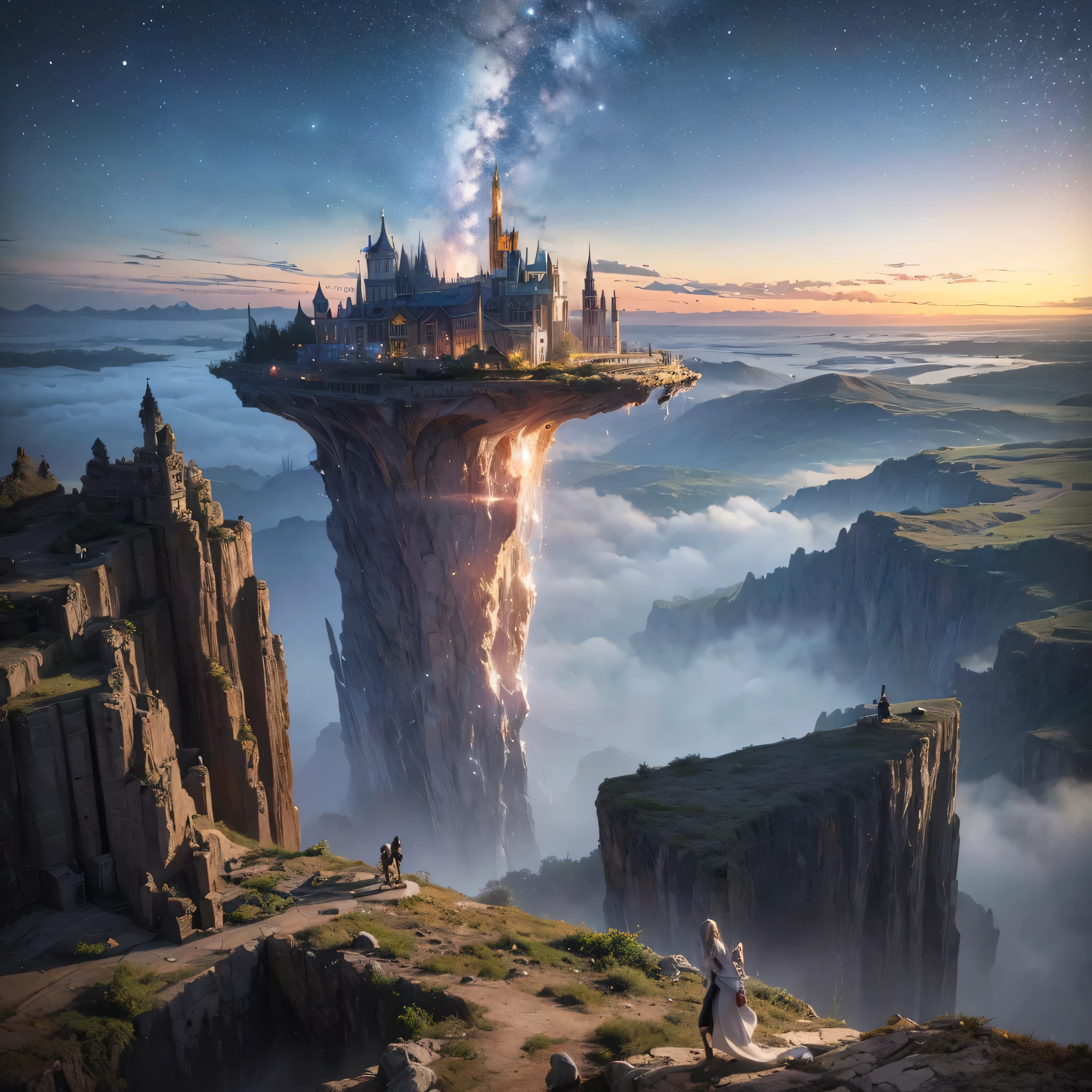 (8k, highest quality, masterpiece, final fantasy style: 1.2), (unRealistic, photoRealistic: 1.37), Dreamy landscape, Fantasy, Unsurreal landscapes, Super detailed, Flying Castle, Floating Island in the Sky, Seven-colored swirl of light, Intense lightning, milky way, Complex Light, Colored light, Large Lake, Starry sky reflected on the lake surface, Countless shining stars, Meteors, Reflections , (A pillar of light emanated from the ground:1,2), roses and orchids gardens , sunset, pink clouds, waterfalls in the sky, realistic style, Hyperrealism drawing, a flying pirate spaceship floating at the clouds level, burning skyscrapers, cyborgs, timeless realms, stunning princess , casting spell, healing light magic effect, in a magical lagoon of the fairyland, crystal clear water surface reflections, sharp focus, looking at viewer, (close-up:0.9), (bright white theme:1.2), (bright white tone:1.2), (deep blue tone:1.3),((( realistic, Hyperrealism, vivid colours , landscapes , alien cyborgs , science fiction themes)))