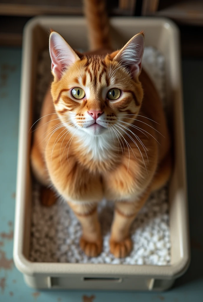 A worried looking ginger 18 year old girl kneeling on a large litter box fillwd with white gravel dressed as a cat looking up at the viewer. Shot from above. Cleavage. With cat paws