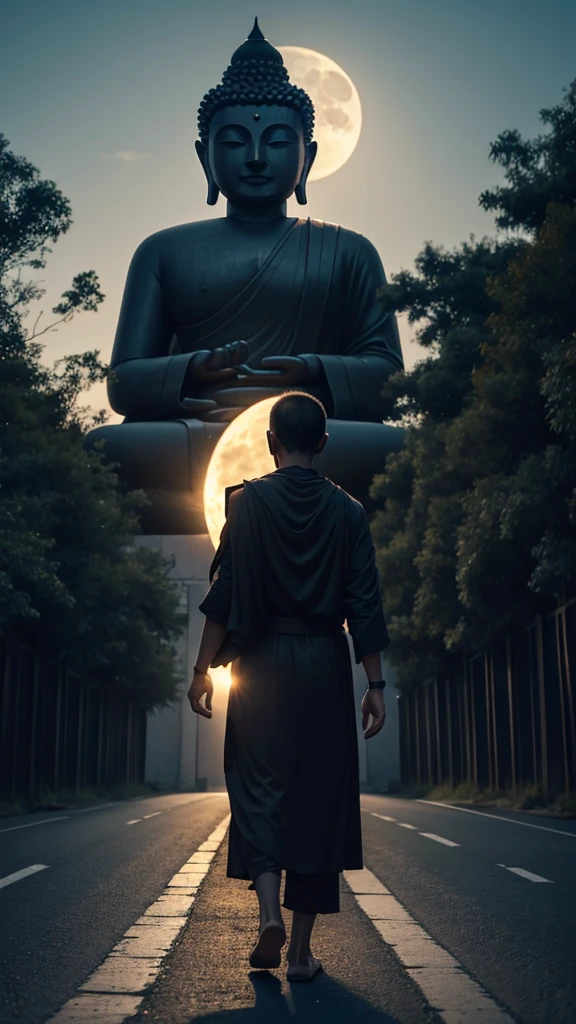 Buddha walking alone on a deserted road with a full moon in the background