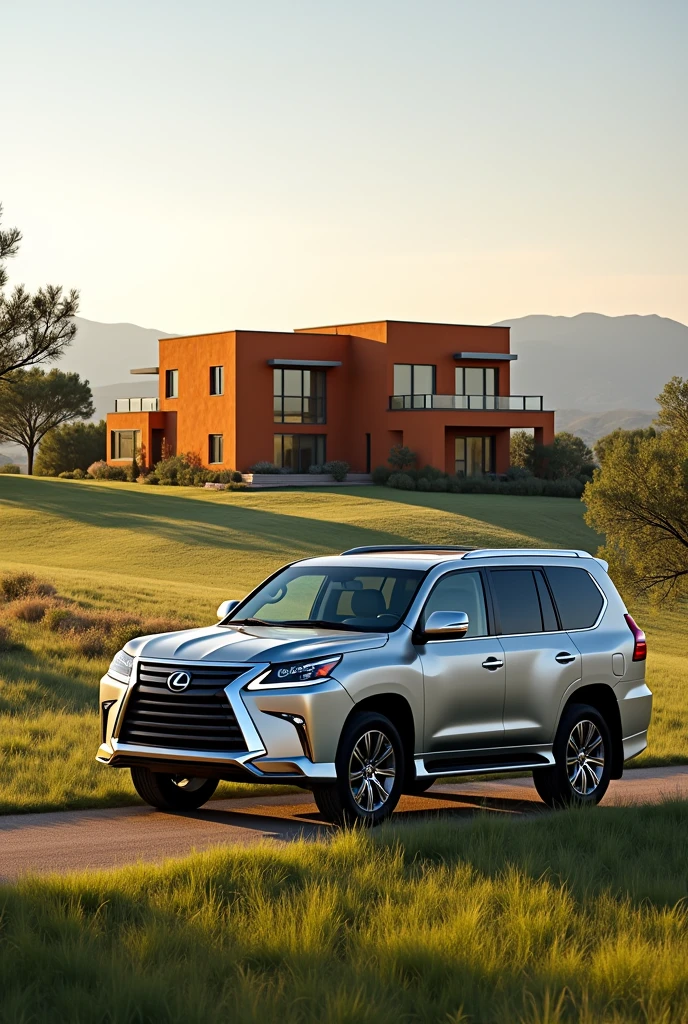 A silver 2008 Lexus Lx 570 on a ranch with a large modern orange house
 