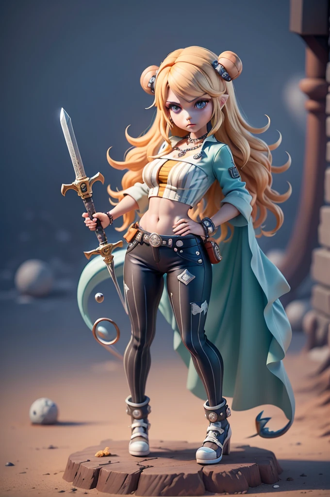 character inspired by mario bros, mic, long-sleeved blouse with black and white stripes, striped shirt, ((blouse with stripes horizontais)), blouse with stripes, different colors, Small shorts or legging pants, small waist, corpo mic, blouse with stripes, CG, striped shirt, striped sock, based on ((kingdom hearts)), (kingdom hearts), without a hat, colourful hair,  takes bowser, ((striped shirt)), subsurface alta, hight subsurface, occlusion environment, big sword in hand, greatsword, carrying sword, segurando greatsword, skin natural, ((large video game decorations)), Sword and shield, ((Metroid)), dark animals in the background, dark dolls in the scene, monsters in the scene, Panning, (very big ), (((very big ))), dark theme, mask covering the mouth, monsters in the background, character in the center of the scene, diffuse color blue, dark blue color, detailed, sensual ao extremo, full body, creatures in around, ((demons and dragons)),((demons and dragons))