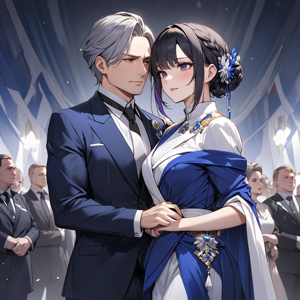 ((Highest quality)), ((masterpiece)), (detailed), （Perfect Face）、The woman is Shinobu Kocho, a Russian with black hair in a purple gradient bob style, tied up in a formal evening hairstyle.、The woman is a member of the United Russia party and is beautifully dressed in a suit and lavish accessories.、She is a United Russia member who is dedicated to the cause of a great United Russia, and she deeply respects and worships the leader of the Great Russian Party, a United Russia supremacist.、The woman is working for the great United Russia as a secretary to a high-ranking official, serving, embracing, accompanying and following him wholeheartedly.