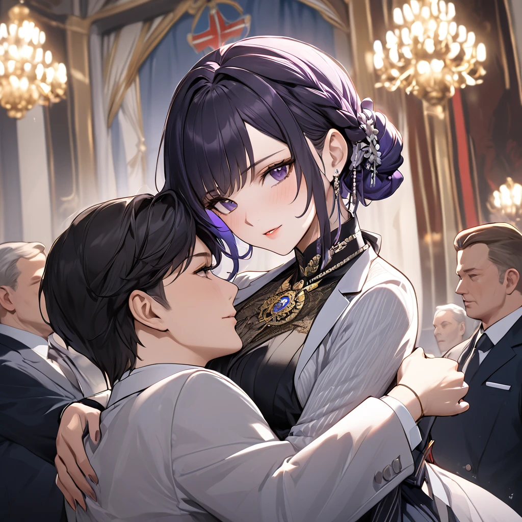 ((Highest quality)), ((masterpiece)), (detailed), (Perfect Face)、The woman is Shinobu Kocho, a Russian with black hair in a purple gradient bob style, tied up in a formal evening hairstyle.、The woman is a member of the United Russia party and is beautifully dressed in a suit and lavish accessories.、She is a United Russia member who is dedicated to the cause of a great United Russia, and she deeply respects and worships the leader of the Great Russian Party, a United Russia supremacist.、The woman is working for the great United Russia as a secretary to a high-ranking official, serving, embracing, accompanying and following him wholeheartedly.