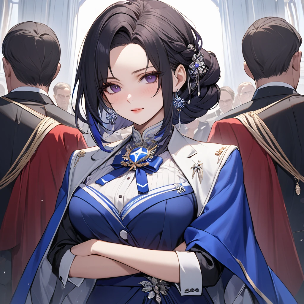 ((Highest quality)), ((masterpiece)), (detailed), (Perfect Face)、The woman is Shinobu Kocho, a Russian with black hair in a purple gradient bob style, tied up in a formal evening hairstyle.、The woman is a member of the United Russia party and is beautifully dressed in a suit and lavish accessories.、She is a United Russia member who is dedicated to the cause of a great United Russia, and she deeply respects and worships the leader of the Great Russian Party, a United Russia supremacist.、The woman is working for the great United Russia as a secretary to a high-ranking official, serving, embracing, accompanying and following him wholeheartedly.