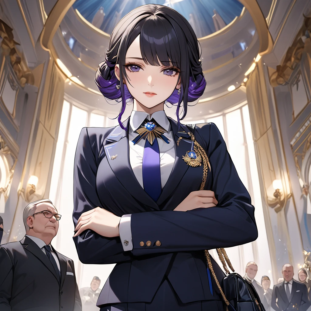 ((Highest quality)), ((masterpiece)), (detailed), （Perfect Face）、The woman is Shinobu Kocho, a Russian with black hair in a purple gradient bob style, tied up in a formal evening hairstyle.、The woman is a member of the United Russia party and is beautifully dressed in a suit and lavish accessories.、She is a United Russia member who is dedicated to the cause of a great United Russia, and she deeply respects and worships the leader of the Great Russian Party, a United Russia supremacist.、The woman is working for the great United Russia as a secretary to a high-ranking official, serving, embracing, accompanying and following him wholeheartedly.