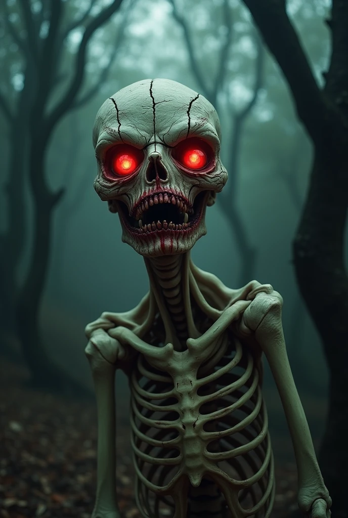 A horrified version of the dry body from Brazilian folklore, displaying a sinister and disturbing presence. The body is pale, with dry, cracked skin that appears to be in an advanced state of decomposition, revealing a barely visible bone structure. The eyes are large and empty, with bright red accents oozing out and staining the eye sockets, as if tears of blood are constantly flowing. The superficial veins and arteries are visible, pulsing with a reddish glow. The facial expression is a mixture of pain and fury, with mouths and nostrils distorted into a grotesque visage. The body is surrounded by an aura of dark, opaque fog, with shadows that seem to move unsettlingly around it. The setting is a dark and desolate forest, with twisted trees and the ground covered in dry, rotting leaves, creating an atmosphere of horror and despair. The environment is lit only by a weak, diffuse light, intensifying the feeling of a palpable nightmare.