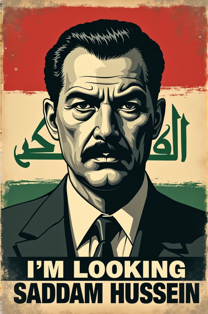 Create a poster from the 1920s that says I'm looking saddam hussein and in background iraqi flag
