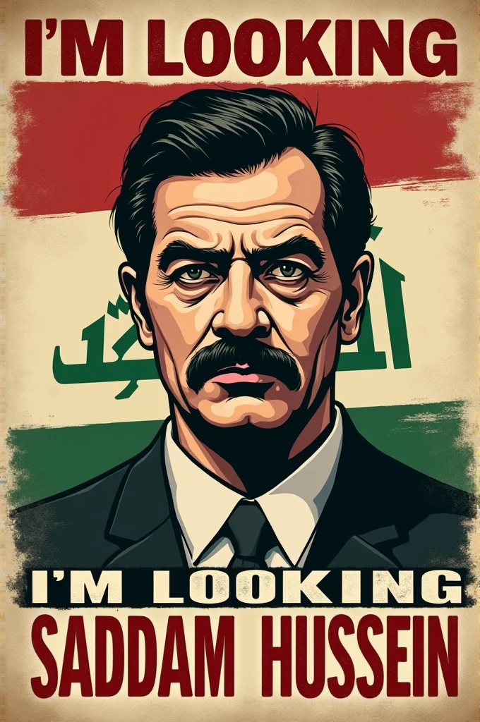 Create a poster from the 1920s that says I'm looking saddam hussein and in background iraqi flag