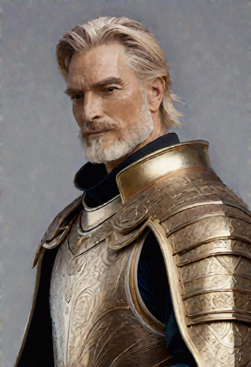 A knight in shining armor, a wise and caring paladin, with a white beard and mustache, a smirking yet humble expression, eyes gazing directly at the camera, a portrait of a loyal and dutiful father. Dilf. Hairy. 30s. Cocky. Dominant. Gold Heavy Armor. Background Sky. Disney