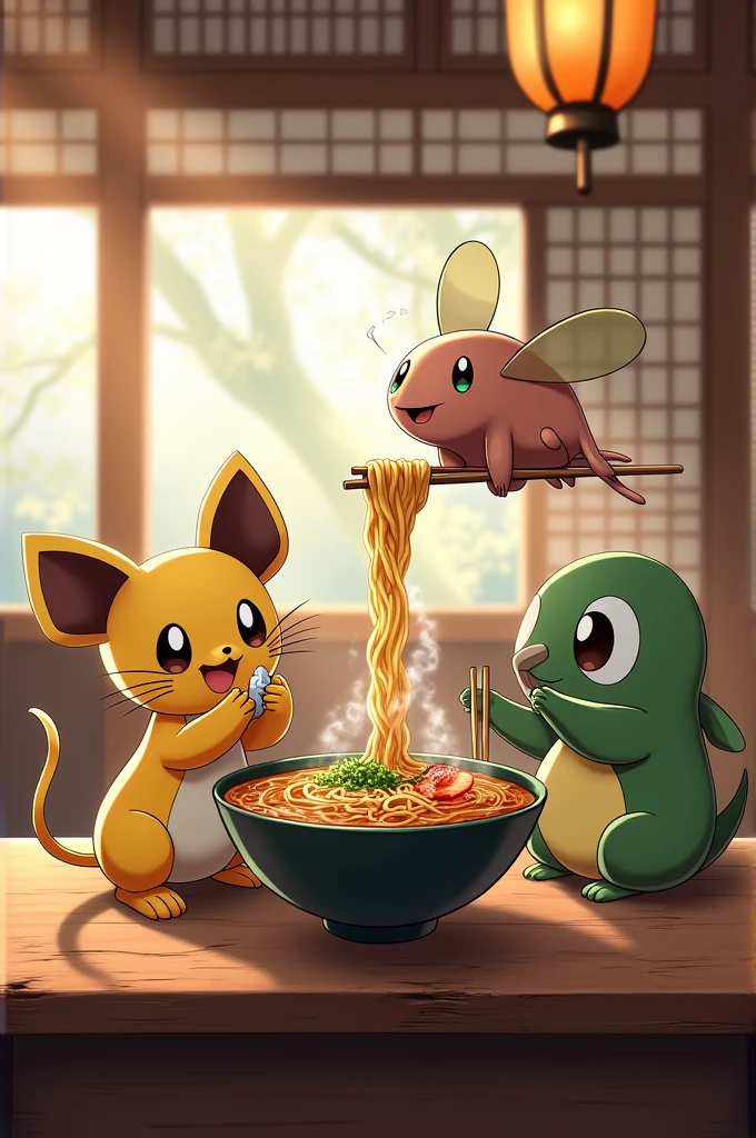 Create an image with the 4 pokemon eating ramen the pokemon are ratta,shellder,beedrill,magic 