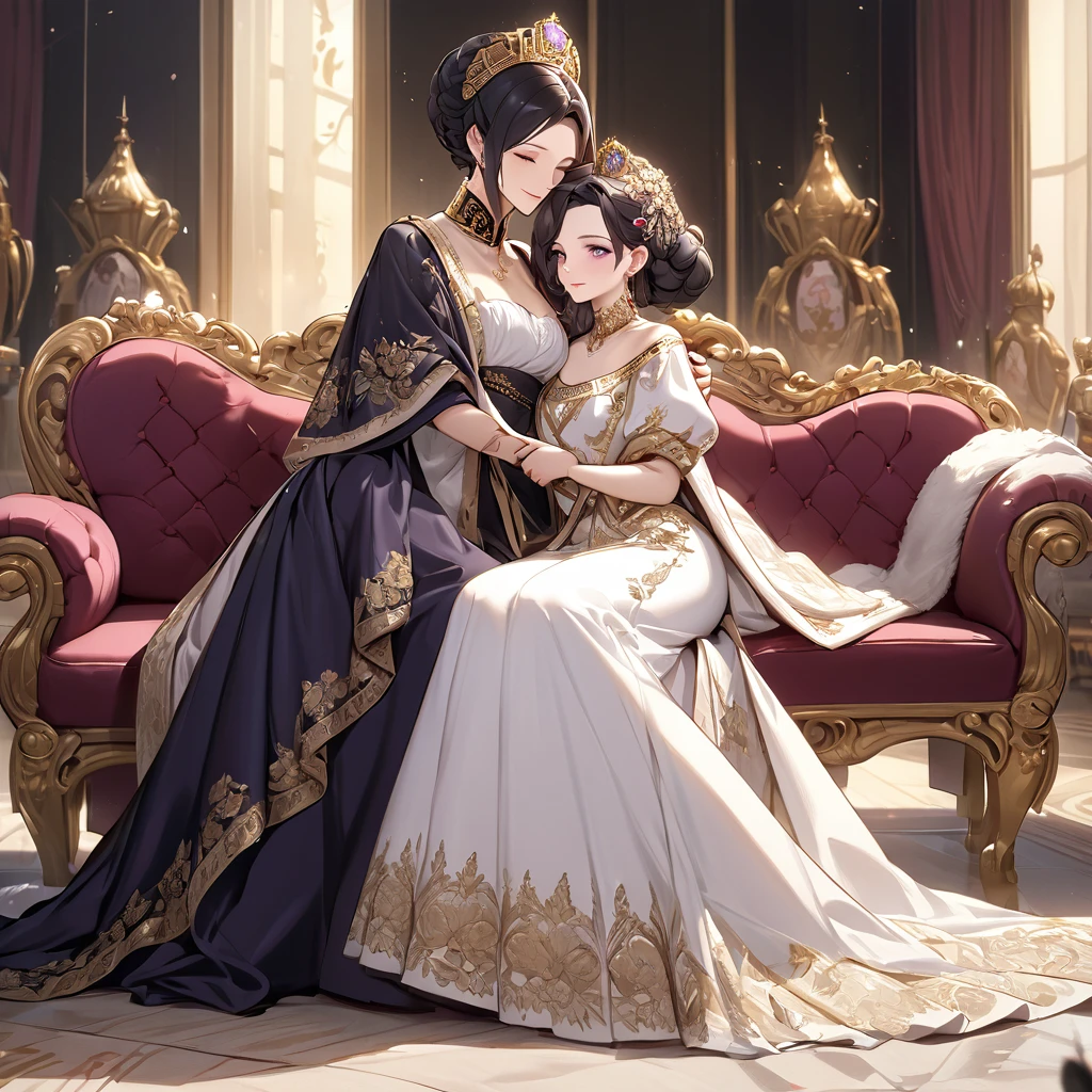 ((Highest quality)), ((masterpiece)), (detailed), (Perfect Face)、The woman is Shinobu Kocho, a Russian with black hair with purple gradient ends, tied in a bob hairstyle. She is a dignified, elegant and beautiful Russian noblewoman who is a good wife and mother, and the great Empress of the Russian Empire.、The woman is beautifully dressed in the gorgeous and glittering gold-colored ancient Russian court dress of an ancient Russian empress, accessorized with luxurious accessories and kokoshniks.、The woman is standing next to a great and dignified old Russian emperor.、A woman is sitting on a luxurious sofa in a palace hugging and kissing a great old Russian emperor, looking happy and in love、The woman loves the emperor with all her heart.、The woman is holding her beautiful grown daughter