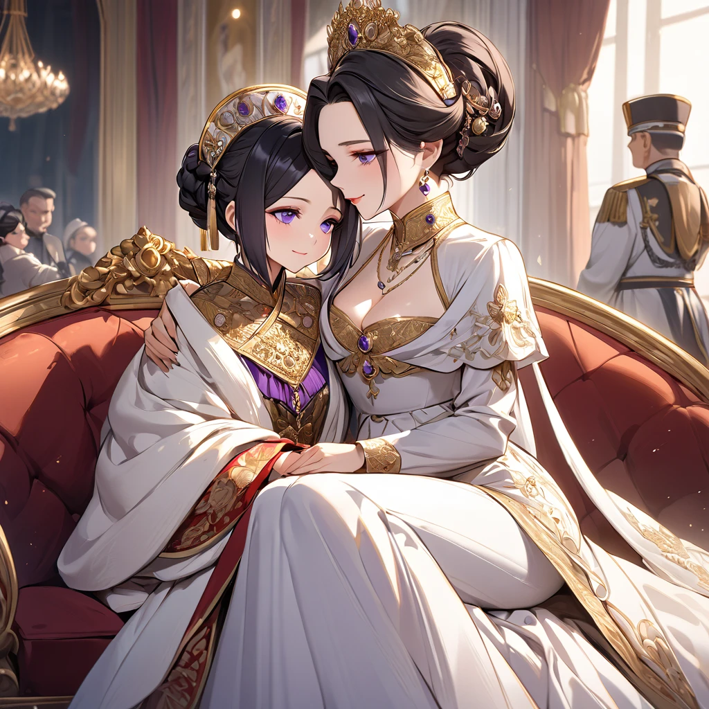 ((Highest quality)), ((masterpiece)), (detailed), (Perfect Face)、The woman is Shinobu Kocho, a Russian with black hair with purple gradient ends, tied in a bob hairstyle. She is a dignified, elegant and beautiful Russian noblewoman who is a good wife and mother, and the great Empress of the Russian Empire.、The woman is beautifully dressed in the gorgeous and glittering gold-colored ancient Russian court dress of an ancient Russian empress, accessorized with luxurious accessories and kokoshniks.、The woman is standing next to a great and dignified old Russian emperor.、A woman is sitting on a luxurious sofa in a palace hugging and kissing a great old Russian emperor, looking happy and in love、The woman loves the emperor with all her heart.、The woman is holding her beautiful grown daughter