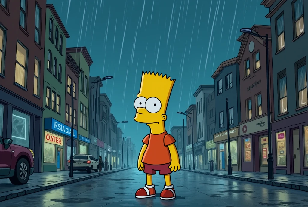 Bart Simpson lost in a city he doesn't know while it's raining