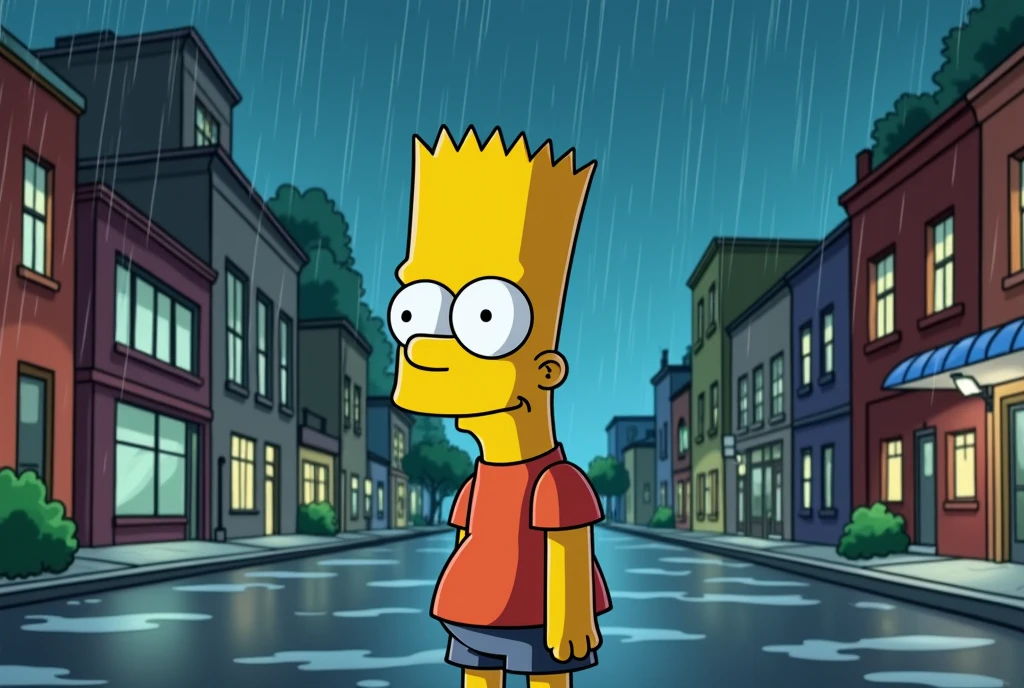 Bart Simpson lost in a city he doesn&#39;t know while it&#39;s raining 